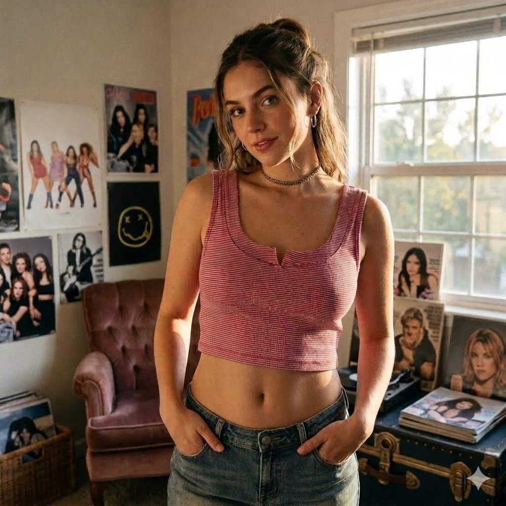 VTG LA Movers Pink White Striped Waffle Knit Notch Neck Crop Top Tank XL MadeUSA